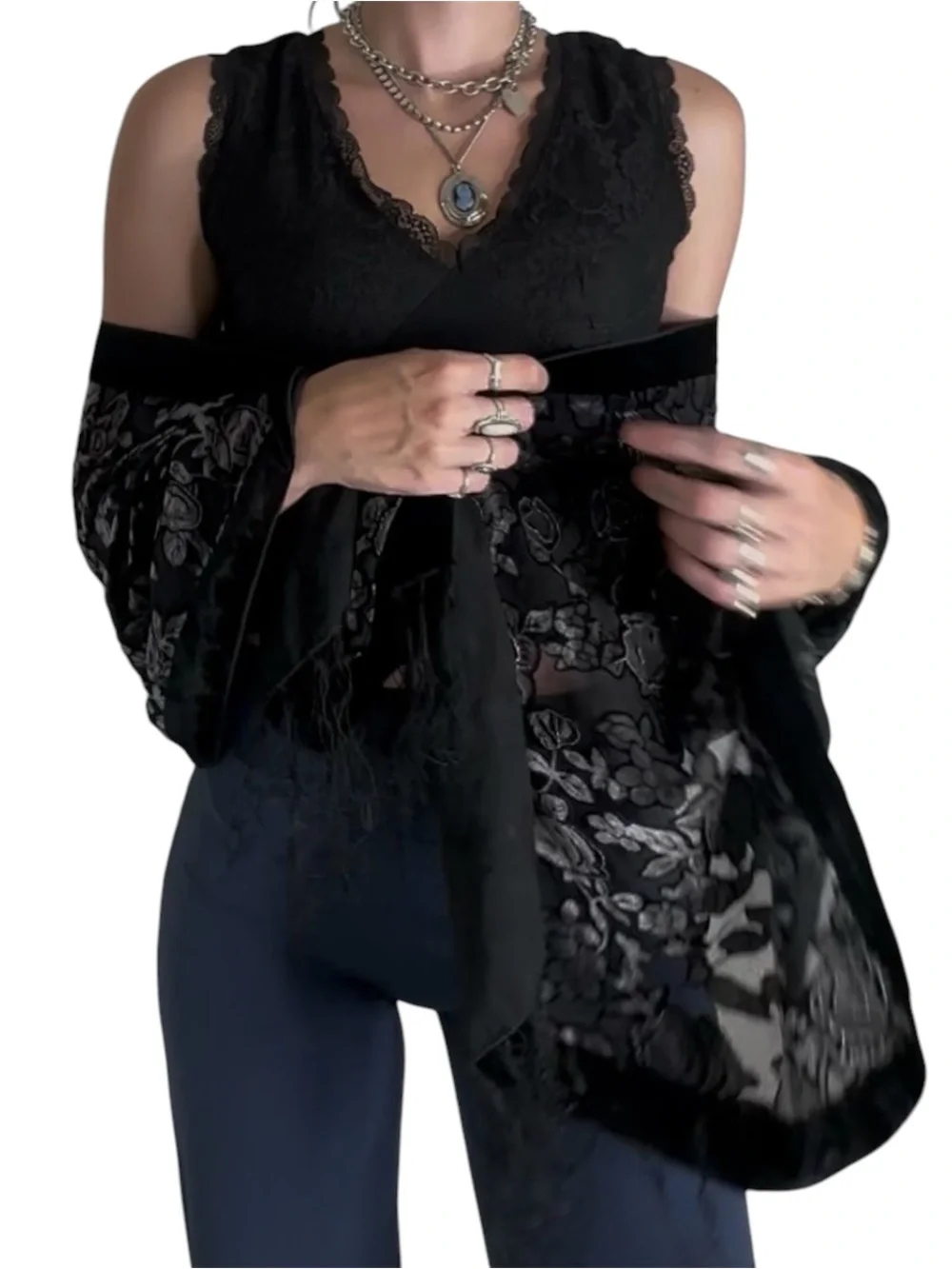 Vintage 90s Black Velvet Floral Burnout Shawl Scarf